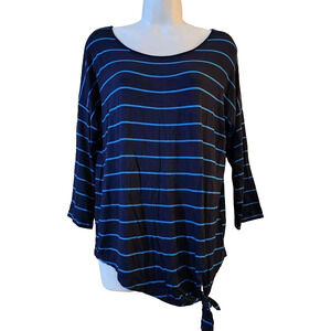 Spense Womens Stretch Knit Tee Size M Blue Striped Tie Front 3/4 Sleeve Top